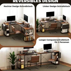 Bureau d'angle en L - Table de travail réversible avec compartiments et support moniteur, bois marron, 168x120x90 cm