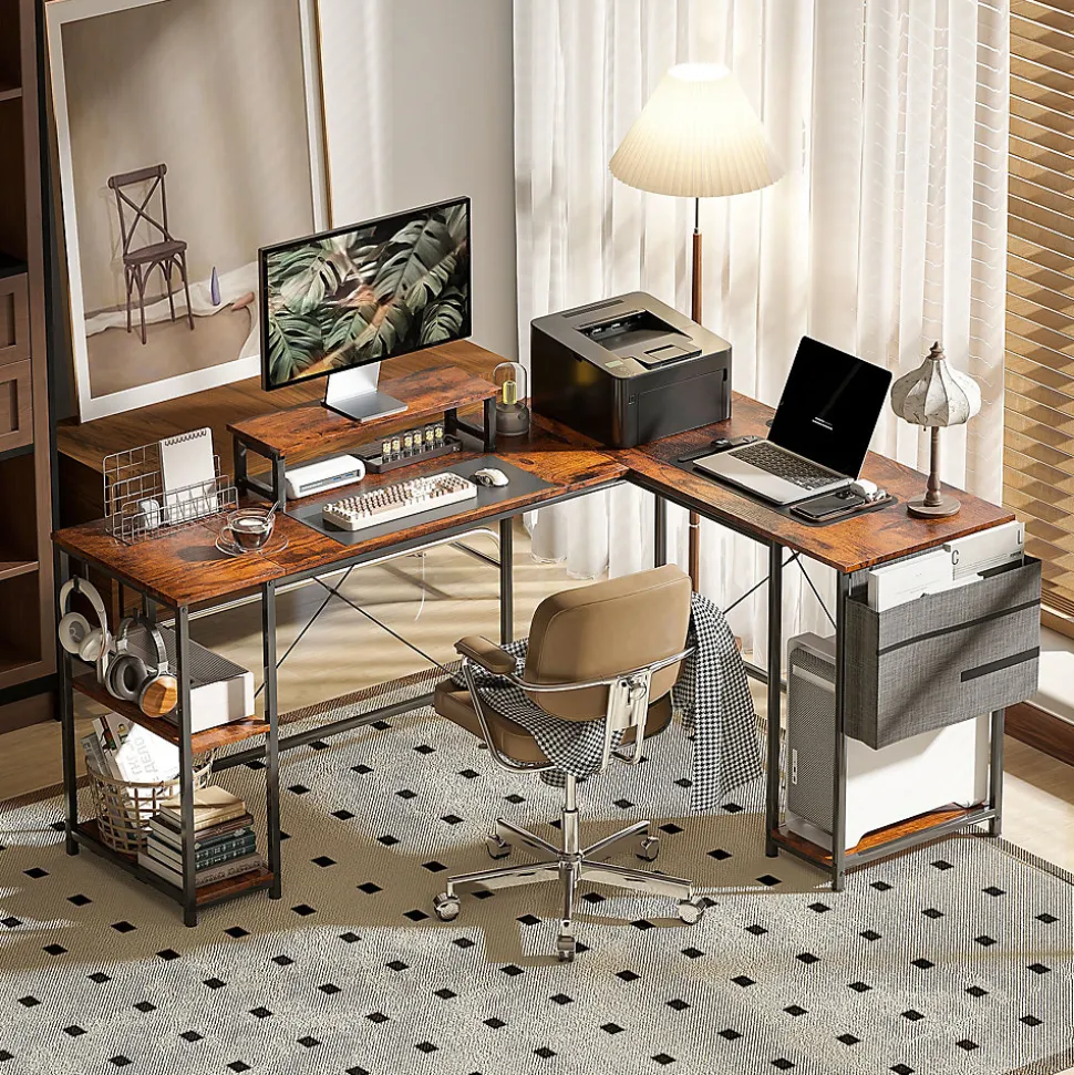 Bureau d'angle en L - Table de travail réversible avec compartiments et support moniteur, bois marron, 168x120x90 cm