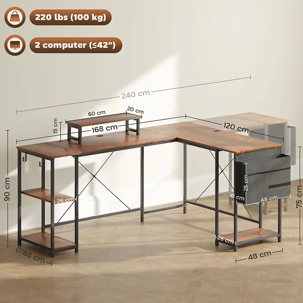 Bureau d'angle en L - Table de travail réversible avec compartiments et support moniteur, bois marron, 168x120x90 cm