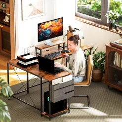 Bureau d'angle en L - Table de travail réversible avec compartiments et support moniteur, bois marron, 168x120x90 cm