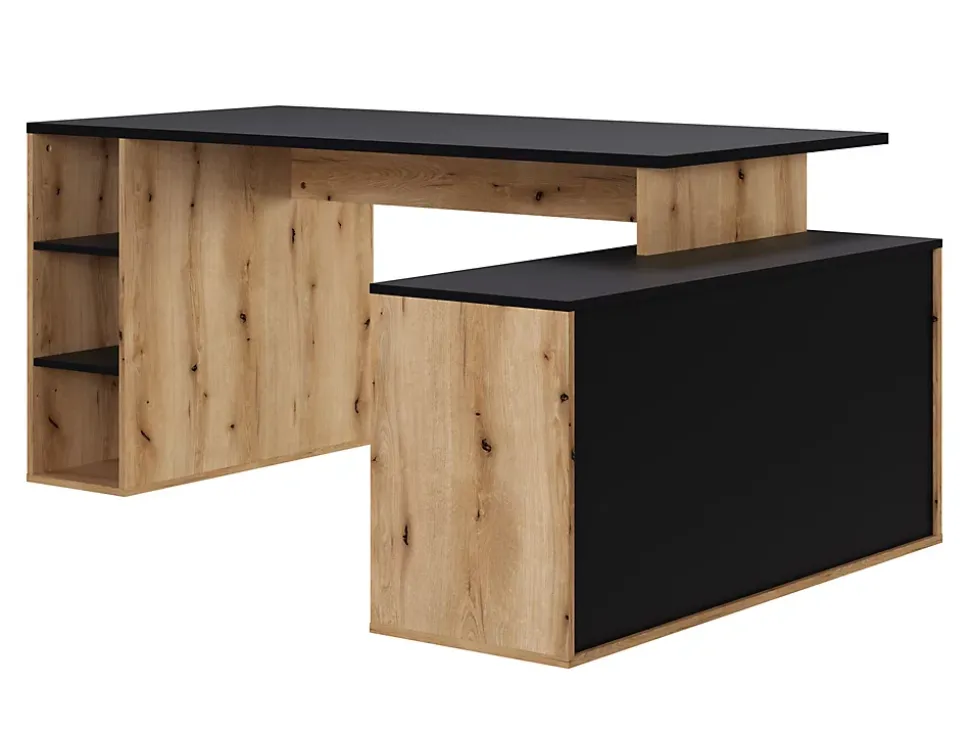 Bureau d'angle en mélamine coloris imitation chêne rustique / noir - Longueur 183 x profondeur 141 x Hauteur 75 cm