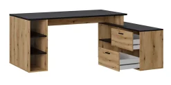 Bureau d'angle en mélamine coloris imitation chêne rustique / noir - Longueur 183 x profondeur 141 x Hauteur 75 cm