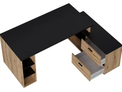 Bureau d'angle en mélamine coloris imitation chêne rustique / noir - Longueur 183 x profondeur 141 x Hauteur 75 cm