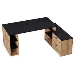 Bureau d'angle en mélamine coloris imitation chêne rustique / noir - Longueur 183 x profondeur 141 x Hauteur 75 cm