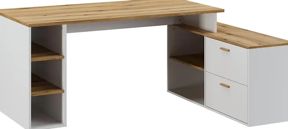 Bureau d'angle en mélamine coloris imitation chêne artisan / blanc - Longueur 183 x profondeur 141 x Hauteur 75 cm