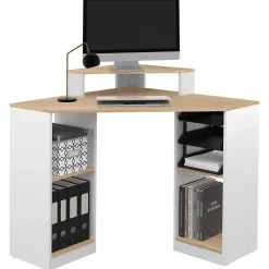 Bureau d'angle HARRY blanc et façon hêtre gain de place bureau informatique avec rangements