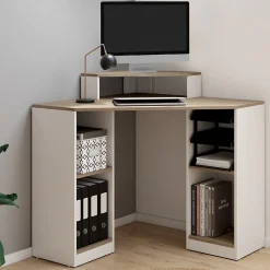 Bureau d'angle HARRY blanc et façon hêtre gain de place bureau informatique avec rangements