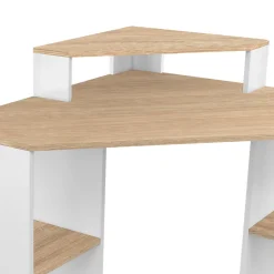 Bureau d'angle HARRY blanc et façon hêtre gain de place bureau informatique avec rangements