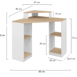 Bureau d'angle HARRY blanc et façon hêtre gain de place bureau informatique avec rangements