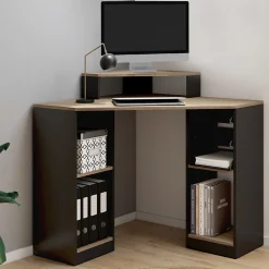 Bureau d'angle HARRY noir et façon hêtre gain de place bureau informatique avec rangements
