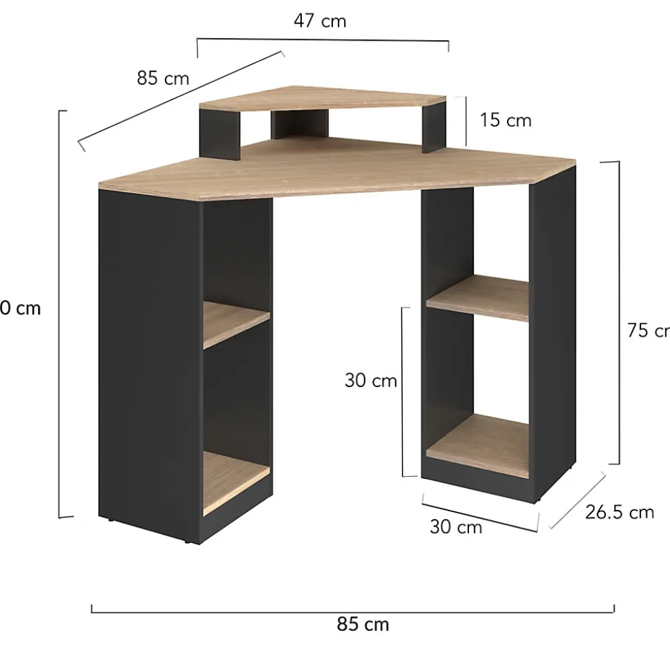 Bureau d'angle HARRY noir et façon hêtre gain de place bureau informatique avec rangements