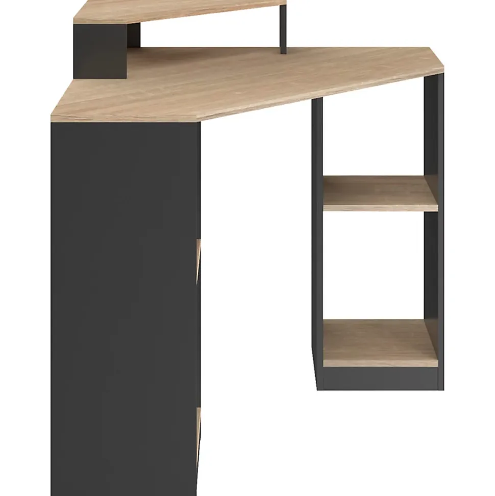 Bureau d'angle HARRY noir et façon hêtre gain de place bureau informatique avec rangements