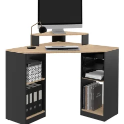 Bureau d'angle HARRY noir et façon hêtre gain de place bureau informatique avec rangements