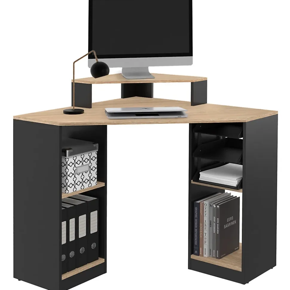 Bureau d'angle HARRY noir et façon hêtre gain de place bureau informatique avec rangements