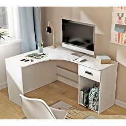 Bureau dangle LOUANE Blanc mat Design moderne avec caisson et niche de rangement