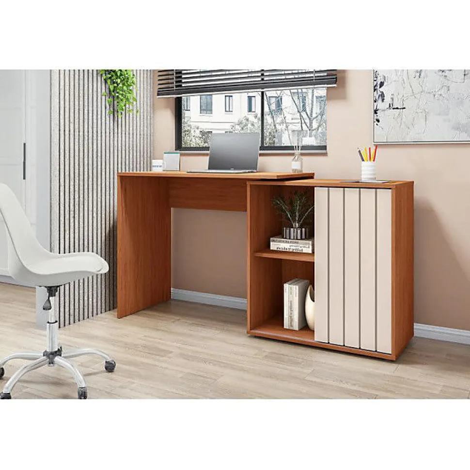 Bureau d'angle Miel et Blanc Armoirette 1 Porte 3 Niches L 139.9 H 75 P 45.1 cm - L 139.9 x l 45.1 x H 75 cm