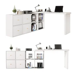 Bureau d'angle pivotant - Plateau pivotant à 360 degrés - 4 compartiments et 4 tiroirs - Plateau et pieds renforcés - MDF - Blanc