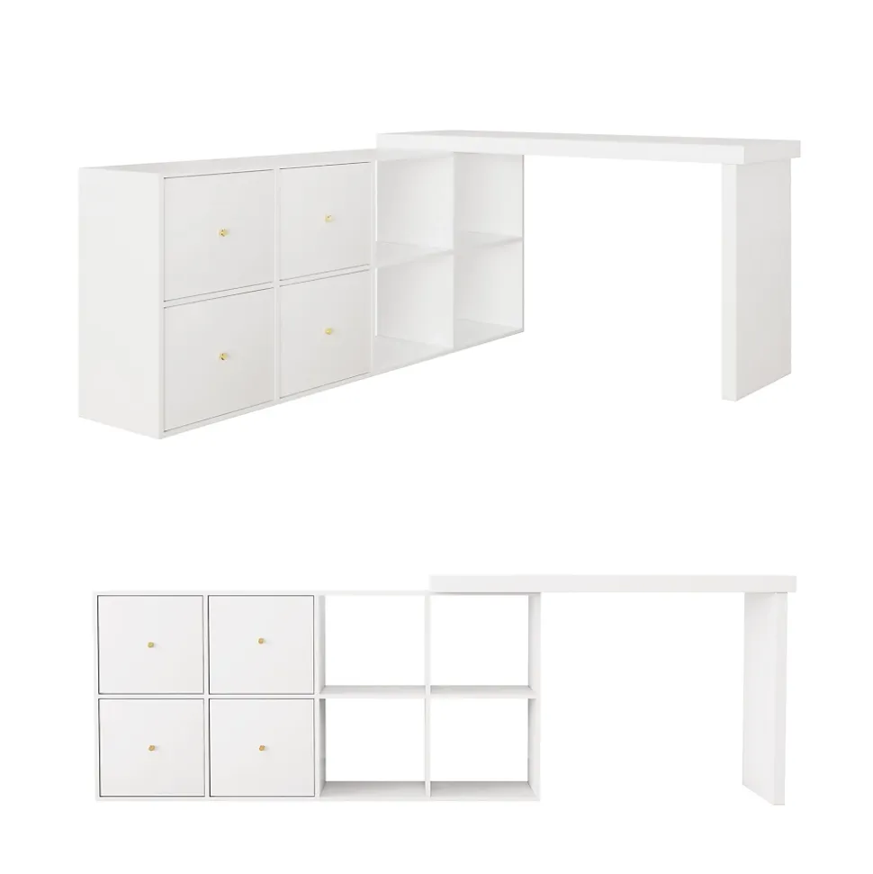 Bureau d'angle pivotant - Plateau pivotant à 360 degrés - 4 compartiments et 4 tiroirs - Plateau et pieds renforcés - MDF - Blanc