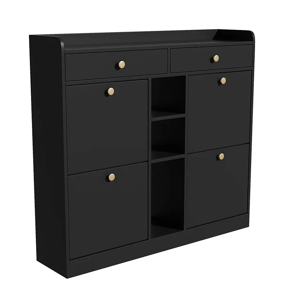 Bureau d'angle pliable 2-en-1 avec buffet, chargeur sans fil, roulettes et sécurité anti-basculement, blanc brillant, 115x27x93 cm