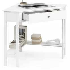 Bureau d'angle REMI blanc gain de place bureau informatique avec rangements et 1 tiroir