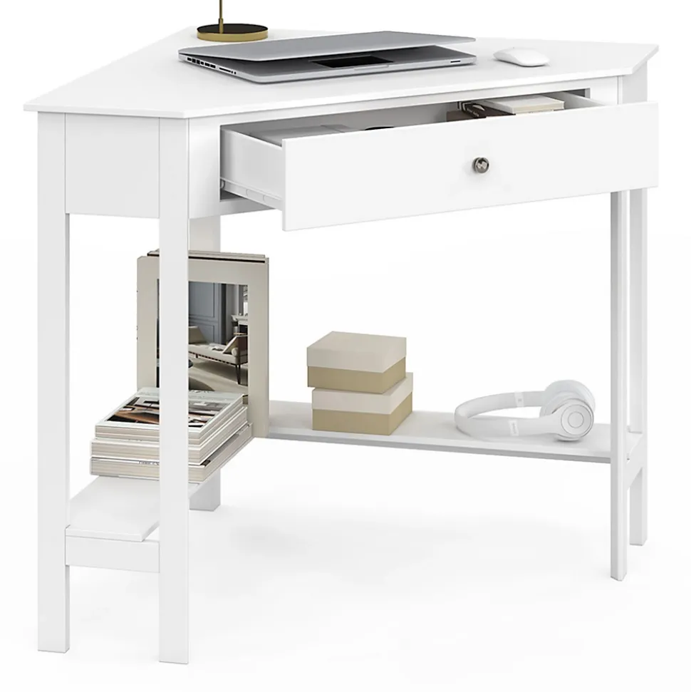 Bureau d'angle REMI blanc gain de place bureau informatique avec rangements et 1 tiroir