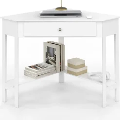 Bureau d'angle REMI blanc gain de place bureau informatique avec rangements et 1 tiroir