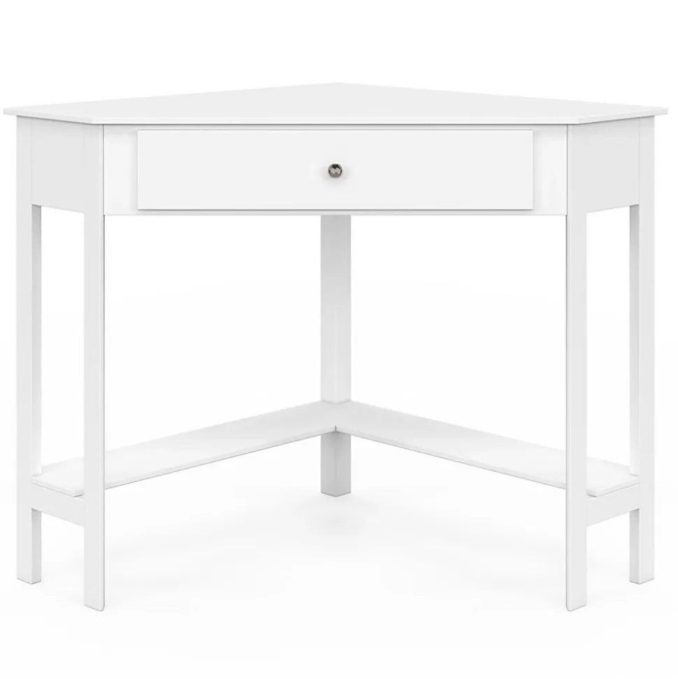 Bureau d'angle REMI blanc gain de place bureau informatique avec rangements et 1 tiroir