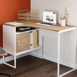 Bureau d'angle ROB blanc et façon hêtre niche de rangement et porte design industriel