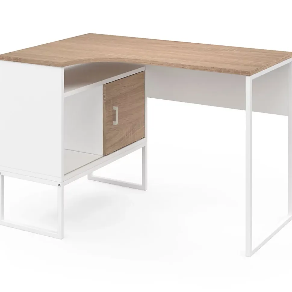Bureau d'angle ROB blanc et façon hêtre niche de rangement et porte design industriel