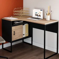 Bureau d'angle ROB noir et façon hêtre niche de rangement et porte design industriel