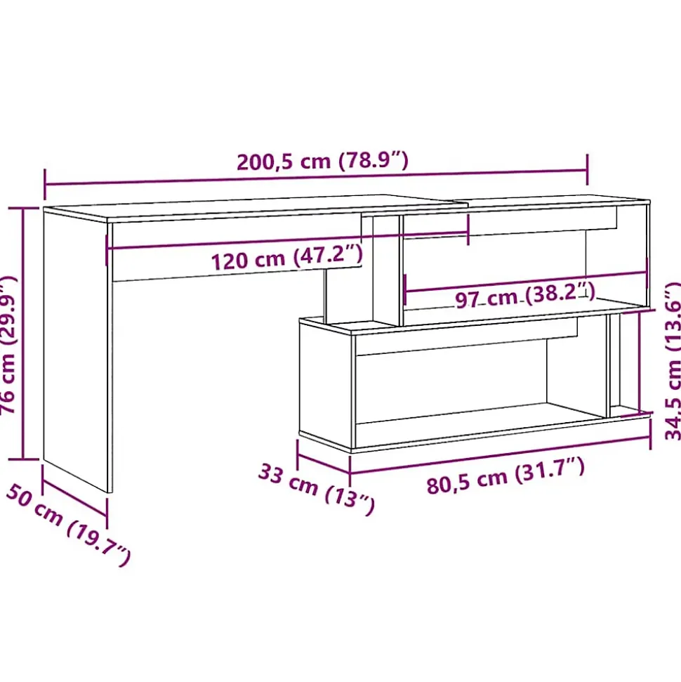 Bureau d'angle vieux bois 200,5x50x76 cm bois d'ingénierie vidaXL