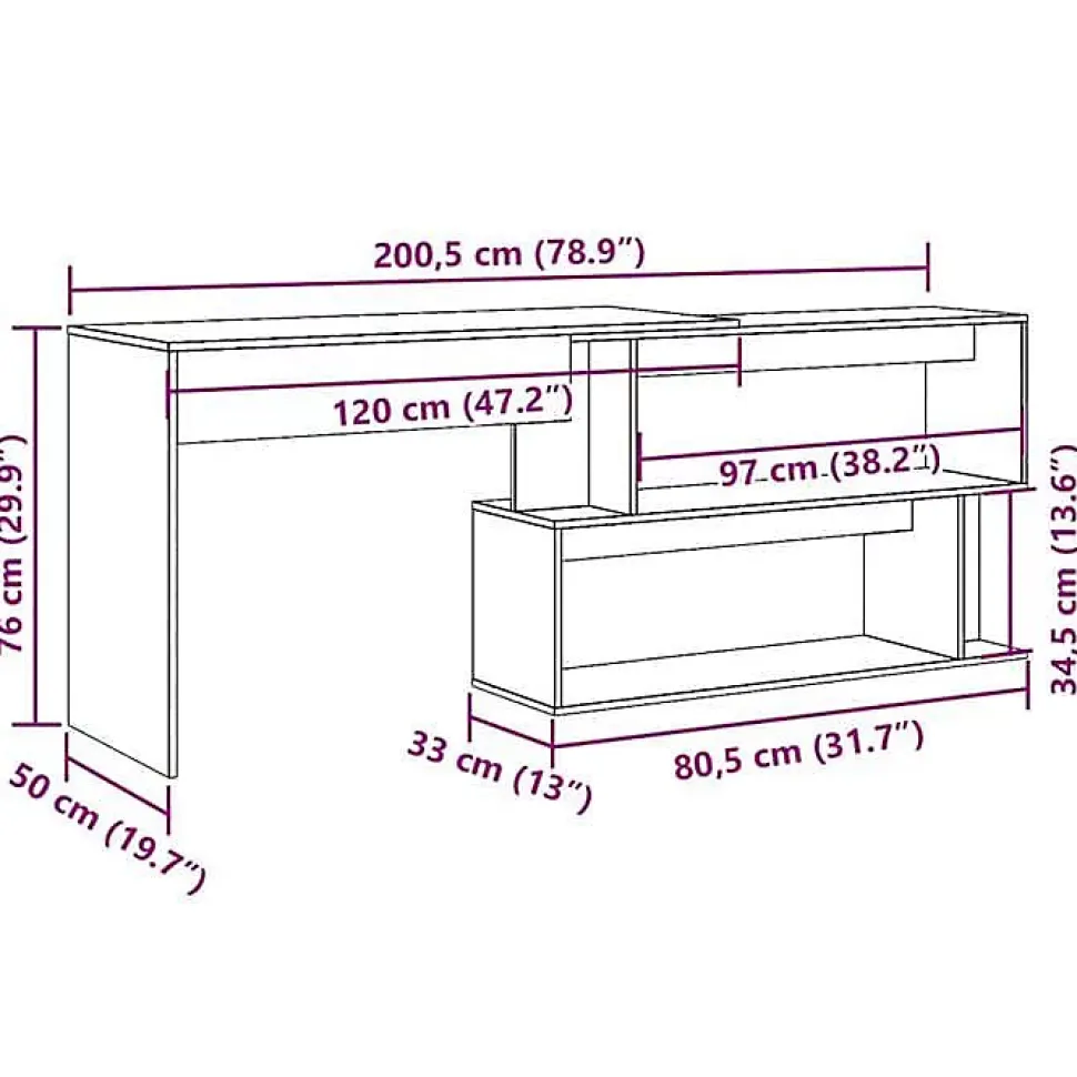Bureau d'angle vieux bois 200,5x50x76 cm bois d'ingénierie vidaXL