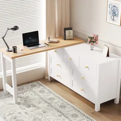 Bureau d'Angle 120x40x70 cm - Buffet avec Bureau 2-en-1, 7 Tiroirs, Plateau Pivotant, Rangement Latéral - Blanc/Naturel
