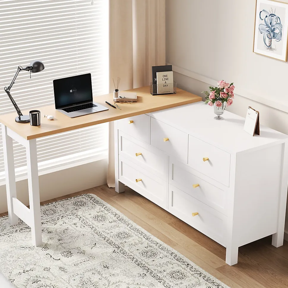 Bureau d'Angle 120x40x70 cm - Buffet avec Bureau 2-en-1, 7 Tiroirs, Plateau Pivotant, Rangement Latéral - Blanc/Naturel