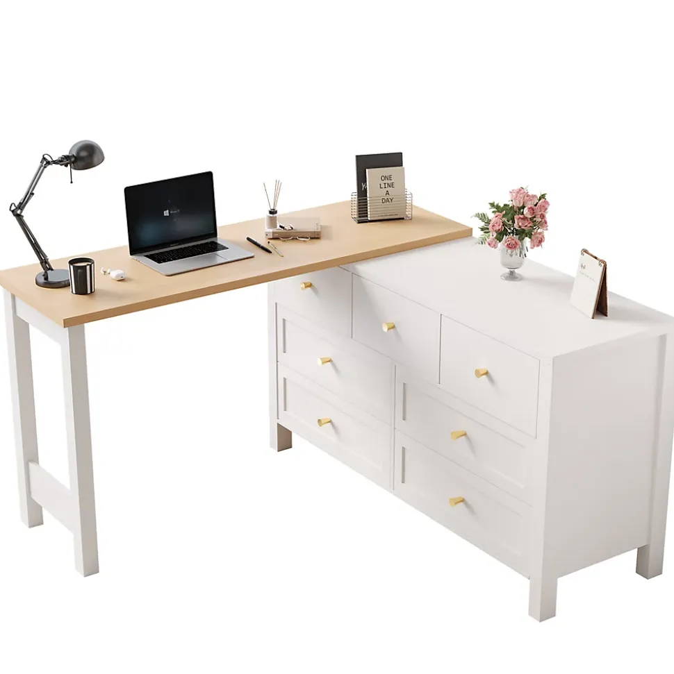 Bureau d'Angle 120x40x70 cm - Buffet avec Bureau 2-en-1, 7 Tiroirs, Plateau Pivotant, Rangement Latéral - Blanc/Naturel