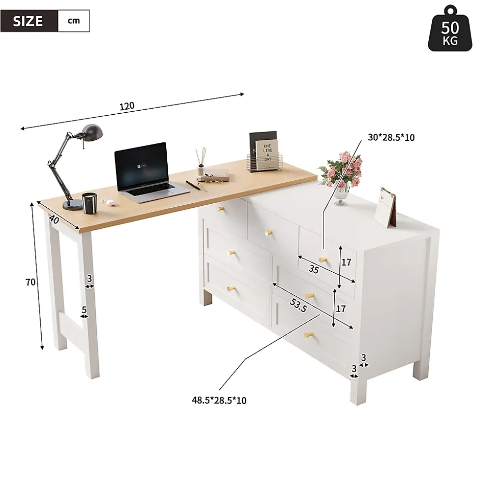Bureau d'Angle 120x40x70 cm - Buffet avec Bureau 2-en-1, 7 Tiroirs, Plateau Pivotant, Rangement Latéral - Blanc/Naturel