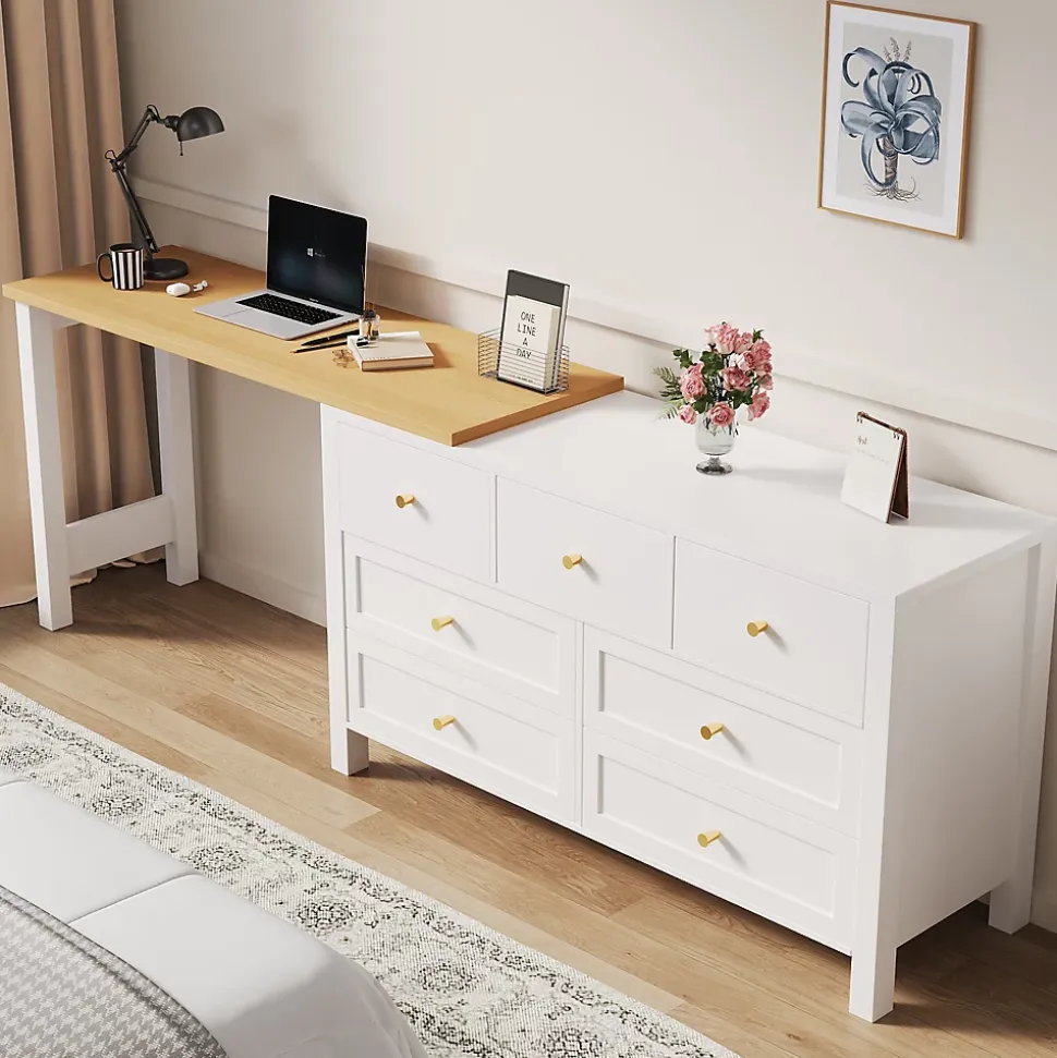 Bureau d'Angle 120x40x70 cm - Buffet avec Bureau 2-en-1, 7 Tiroirs, Plateau Pivotant, Rangement Latéral - Blanc/Naturel