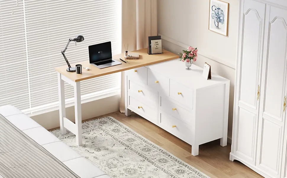 Bureau d'Angle 120x40x70 cm - Buffet avec Bureau 2-en-1, 7 Tiroirs, Plateau Pivotant, Rangement Latéral - Blanc/Naturel