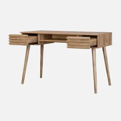 Bureau décor bois 2 tiroirs MADERE naturel. 1 casier. façade rainurées. 120 x 55 x 76.5 cm