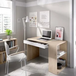 Bureau Dfalc, Bureau polyvalent pour le bureau ou la chambre, Table d'étude linéaire avec étagères, 115x50h74 cm, Chêne et Blanc