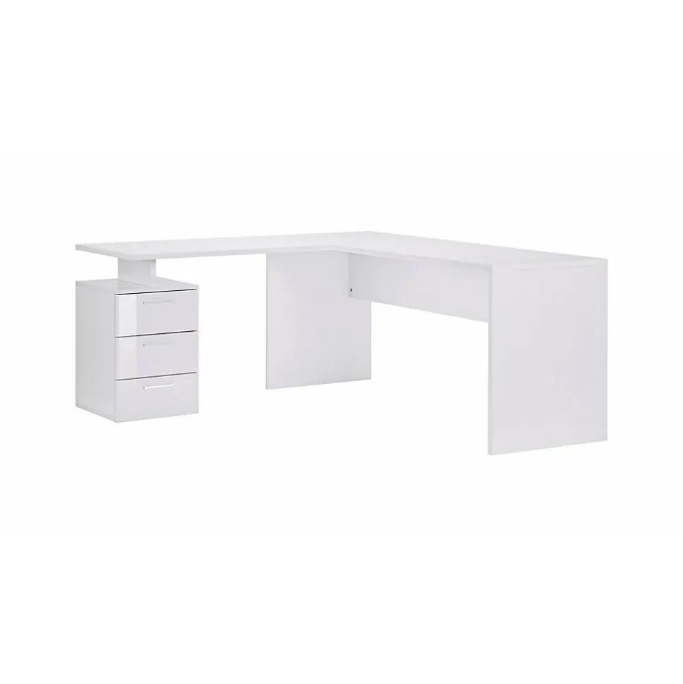 Bureau Dguarin, Bureau d'angle PC, Table de bureau polyvalente, Bureau gain de place multi-positions, 160x60h75 cm, Blanc brillant