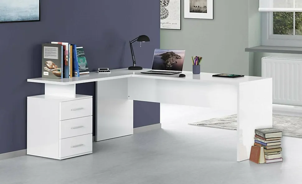 Bureau Dguarin, Bureau d'angle PC, Table de bureau polyvalente, Bureau gain de place multi-positions, 160x60h75 cm, Blanc brillant