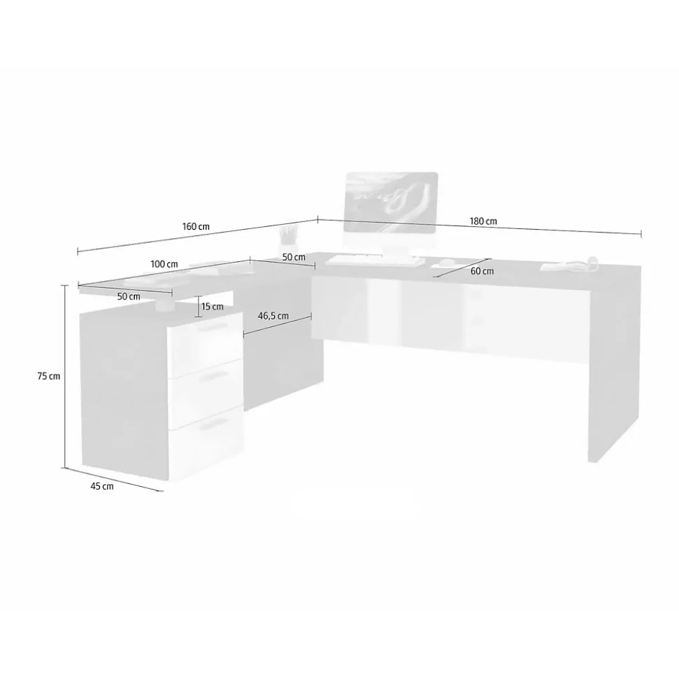 Bureau Dguarin, Bureau d'angle PC, Table de bureau polyvalente, Bureau gain de place multi-positions, 160x60h75 cm, Blanc brillant