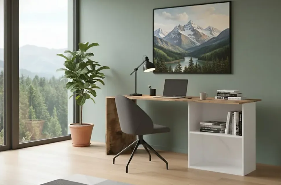 Bureau Dmait, Bureau PC linéaire, Table de bureau polyvalente, Bureau peu encombrant, 110x50h75 cm, Blanc brillant et érable