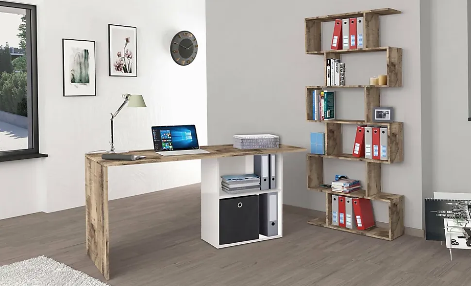 Bureau Dmait, Bureau PC linéaire, Table de bureau polyvalente, Bureau peu encombrant, 110x50h75 cm, Blanc brillant et érable
