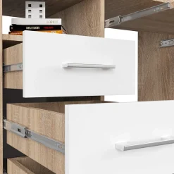 Bureau d'ordinateur AKORD ANA Chêne Sonoma 124 cm 1 porte 3 tiroirs façade Blanche 5 étagères 124x52x74 cm