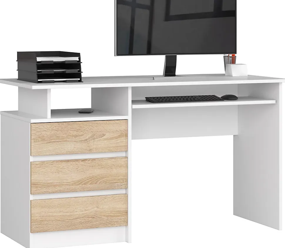 Bureau d'ordinateur AKORD CLP Blanc 135 cm 3 tiroirs façade Chêne Sonoma 2 étagères 135x60x77 cm