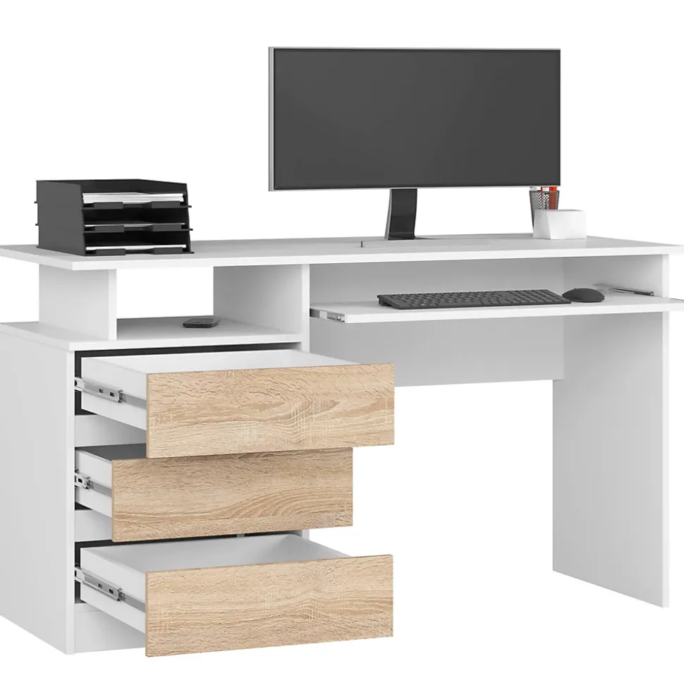 Bureau d'ordinateur AKORD CLP Blanc 135 cm 3 tiroirs façade Chêne Sonoma 2 étagères 135x60x77 cm