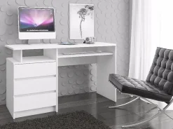 Bureau d'ordinateur AKORD CLP Blanc 135 cm 3 tiroirs façade Blanche 2 étagères 135x60x77 cm