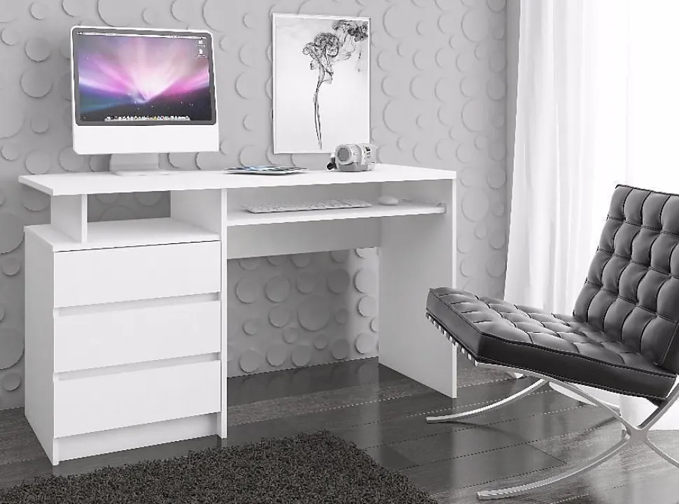 Bureau d'ordinateur AKORD CLP Blanc 135 cm 3 tiroirs façade Blanche 2 étagères 135x60x77 cm